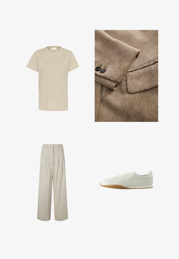 Beige ribbet stof med en smal kordfløjlsstruktur, to sorte knapper og en pæn syet lomme på venstre side.; Lys beige T-shirt med korte ærmer lavet af blødt stof. Den har en rund hals og et diskret præget logo på brystet.; Beige bukser med høj talje og vide ben med plisseringer og bæltestropper, foran lynlås og en ren kant mod en hvid baggrund.; Hvid lav sneaker med brun gummisål, syningsdetaljer, snørelukning foran og broderet logo på siden.