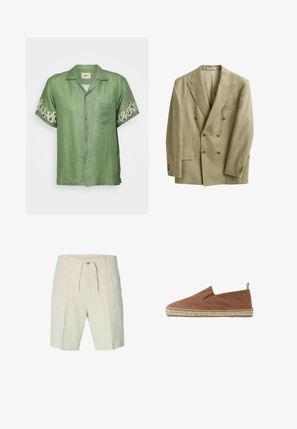 Beige dubbelgeknoopte blazer met piekkragen, zes bruine knopen, drie manchetknoopjes en twee voorzakken, afgebeeld tegen een witte achtergrond.; Korte mouwen groene linnen shirt met een knoopsluiting aan de voorkant, een opgestikt zakje en een ingewikkeld crèmekleurig spiraalpatroon op de mouwen. Lichtgewicht en ademend materiaal.; Linnen shorts in lichtbeige, met een trekkoord in de taille, voorplooien en twee zijzakken. Zachte textuur met een casual ontwerp.; Bruine canvas instapper espadrille met gevlochten juten zool en klein stoffen treklipje bij de hiel, afgebeeld tegen een witte achtergrond.