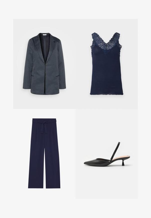 87Origins STRIPED JACKET - Kurzmantel - navy; Dunkelblaues geripptes Tanktop mit tiefem V-Ausschnitt, verziert mit zarter Spitzenkante, weichem Material und einem dezenten, abgerundeten Saum am Ende.; Anna Field Stoffhose - dark blue; Schwarzer Slingback-Pumps mit spitzem Zehenbereich, schicker matter Oberfläche, niedrigem, kantigem Absatz und minimalistischer Gestaltung. Verfügt über einen dünnen Knöchelriemen.