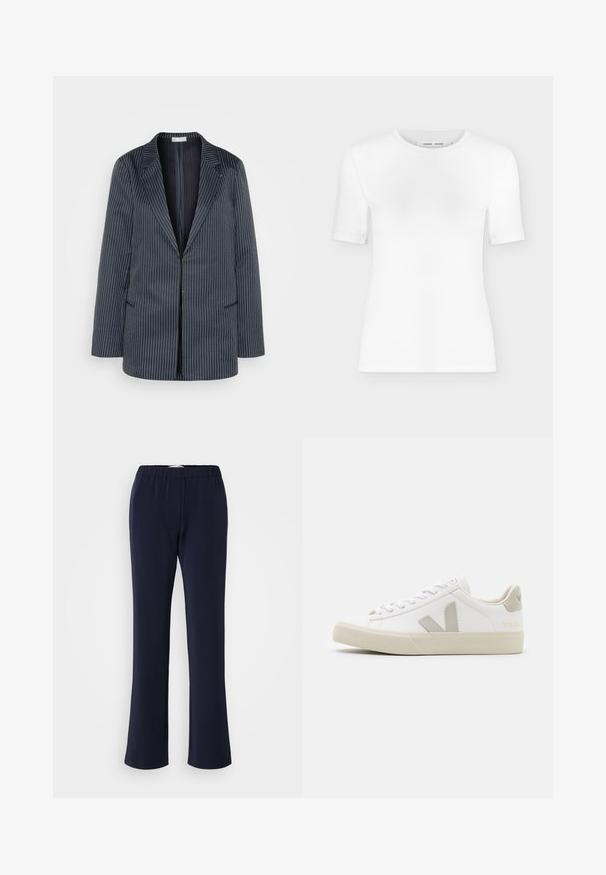87Origins STRIPED JACKET - Korte frakker - navy; Hvid T-shirt med rund hals, korte ærmer, slank pasform og ribbet stofstruktur, vist på en ensfarvet lys grå baggrund.; Marineblå bukser med lige ben lavet af strækstof med elastisk talje og to forlommer. Glat tekstur uden synlige mønstre.; Hvide sneakers lavet af læder med grå V-logo detaljer, struktureret gummisål, hvide snørebånd samt polstret tunge og krave.