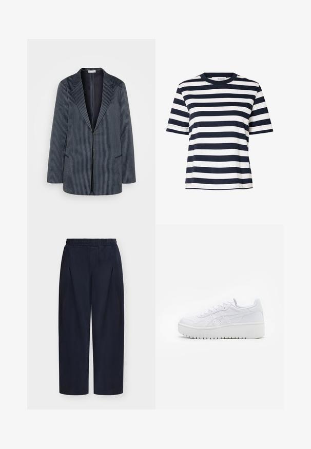 87Origins STRIPED JACKET - Manteau court - navy; T-shirt à manches courtes rayé horizontalement noir et blanc avec un col rond et une coupe décontractée.; Pantalon large bleu marine avec taille élastique et poches latérales, plis sur le devant, présenté sur fond blanc.; Baskets plateformes blanches avec une texture en cuir lisse, des détails perforés et des lacets plats ; dotées d'une épaisse semelle en caoutchouc blanc.