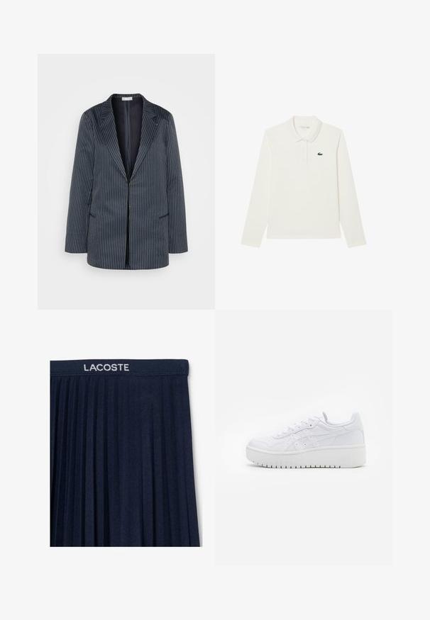 87Origins STRIPED JACKET - Korte frakker - navy; Hvid langærmet polo skjorte lavet af bomuld, med en klassisk krave, tre-knaps lukning og et grønt broderet krokodillelogo på brystet.; Marinblå plisseret nederdel med elastisk talje og hvid "LACOSTE" logo. Blød stofstruktur med lodrette plisseringer for bevægelse.; Hvide platform sneakers med en glat læderoverflade, perforerede detaljer og flade snørebånd; har en tyk hvid gummisål.