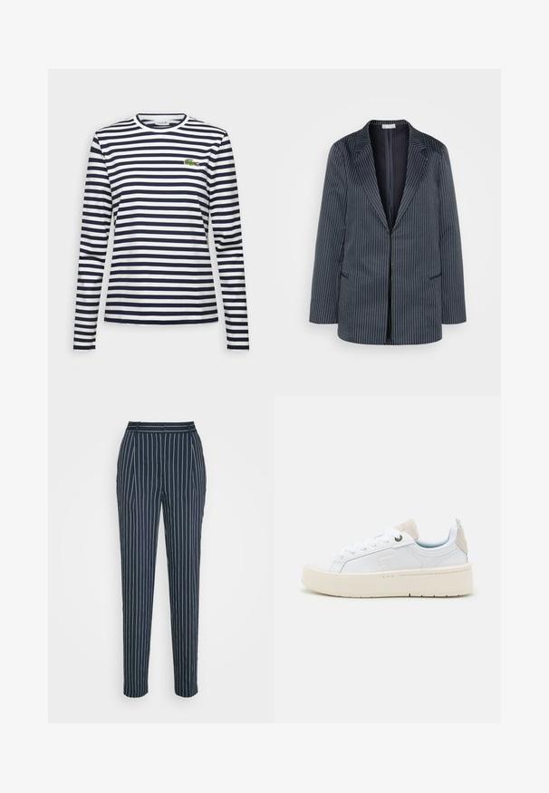 87Origins STRIPED JACKET - Halflange jas - navy; Langsleeve T-shirt met marineblauwe en witte horizontale strepen, ronde halslijn en geborduurd groen krokodillenlogo op de borst.; Samsøe Samsøe AGNETA TROUSERS - Broek - salute; Witte sneakers met een glad leren bovenwerk, een crèmekleurige platformzool en een lichtgrijze suède hielstuk. Voorzien van een groene veteroog en gebrandmerkte accenten.