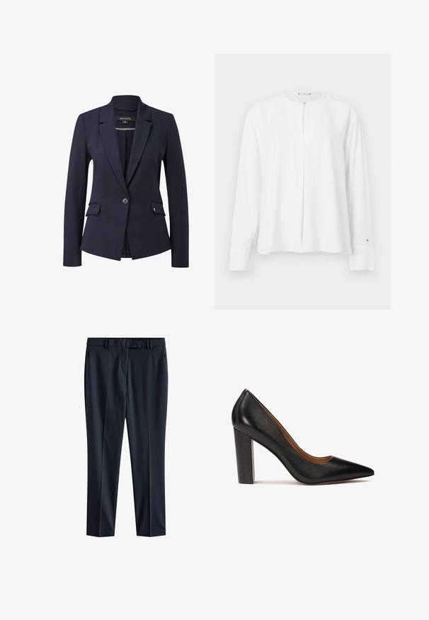 Marineblazer met lange mouwen, licht gestructureerde stof, sluiting met één knoop en twee voorkanten zakken, met een klassieke notch lapel ontwerp.; Witte lange mouwen shirt met een ronde halslijn, voor plooidetail en knoopsluiting, met gekraagde mouwen en een zachte stoftextuur.; Marineblauwe broek van gladde stof met een rechte snit, voorzien van een tailleband met riemlussen en zijzakken.; Zwarte leren hoge hakpomp met een spitse neus, textuurafwerking en een chunky blokhak. Eenvoudig ontwerp met een gladde binnenvoering.