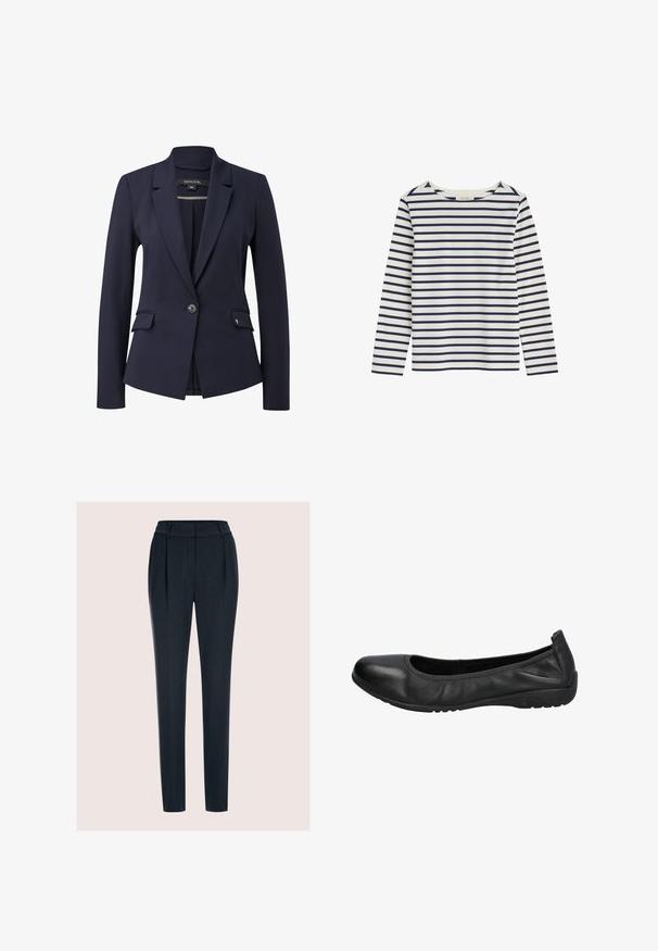 Marineblazer mit langen Ärmeln, leicht strukturiertem Stoff, einreihigem Knopfverschluss und zwei vorderen Taschen, mit einem klassischen Reverskragen.; Langärmliges weißes Hemd mit horizontalen dunkelblauen Streifen und rundem Ausschnitt, flach auf einem weißen Hintergrund liegend.; Schwarze, maßgeschneiderte Hose mit hoher Taille, vorderen Falten und schmal zulaufendem Bein auf neutralem Hintergrund.; Schwarze Leder-Ballettschuhe mit einer runden Spitze, glatter Textur und einem leicht elastischen Rand für zusätzlichen Komfort. Gummisohle für besseren Halt.