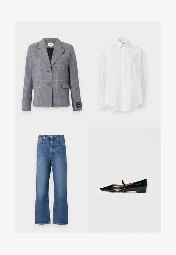 Grå og blå skotskternet blazer med spids krave, to forlommer, to knapper og et mærkepatch på ærmet. Struktureret stof.; Hvid langærmet skjorte i letvævet stof med klassisk krave, knaplukning og hjerteformet lomme på venstre side.; Højtsiddende blå denim jeans med lige ben design, der har fem lommer og subtile slidmærker. Klassisk knaplukning og syninger som detaljer.; Sorte patenterede læder Mary Jane flade sko med spids tå, én rem og lav hæl på ensfarvet baggrund.