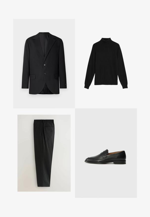 Sort blazer med en notch lapel, dobbel knaplukning, to frontlommer og en enkelt brystlomme. Glat stof og skræddersyet pasform.; Sort turtleneck sweater lavet af blødt strikket stof, med lange ærmer og en tætsiddende krave. Ingen synlige mønstre eller udsmykninger.; Sorte bukser med lige ben, lavet af glat stof, med en subtil glans og en detalje med baglomme.; Sort læder loafer med rund tå, diskret syning, og lav hæl, der har en glat tekstur og minimalistisk design.