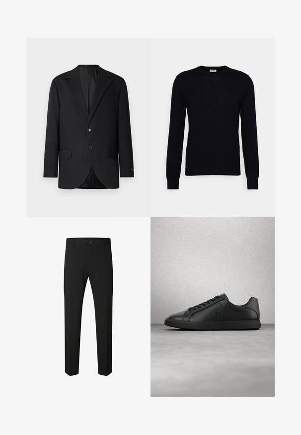 Blazer negro con solapa de muesca, cierre de doble botón, dos bolsillos frontales y un bolsillo en el pecho. Tela suave y corte entallado.; Suéter negro de manga larga hecho de un suave material de punto. Escote redondo, puños y dobladillo acanalados. Diseño minimalista sin patrones ni botones visibles.; Pantalones negros de corte ajustado con cierre de botón y cremallera, trabillas para cinturón y piernas rectas sobre fondo blanco.; Zapatilla deportiva de cuero negro con cordones y el logotipo "ck" en relieve, flotando sobre un suelo gris cerca de una pared de bloques de vidrio.