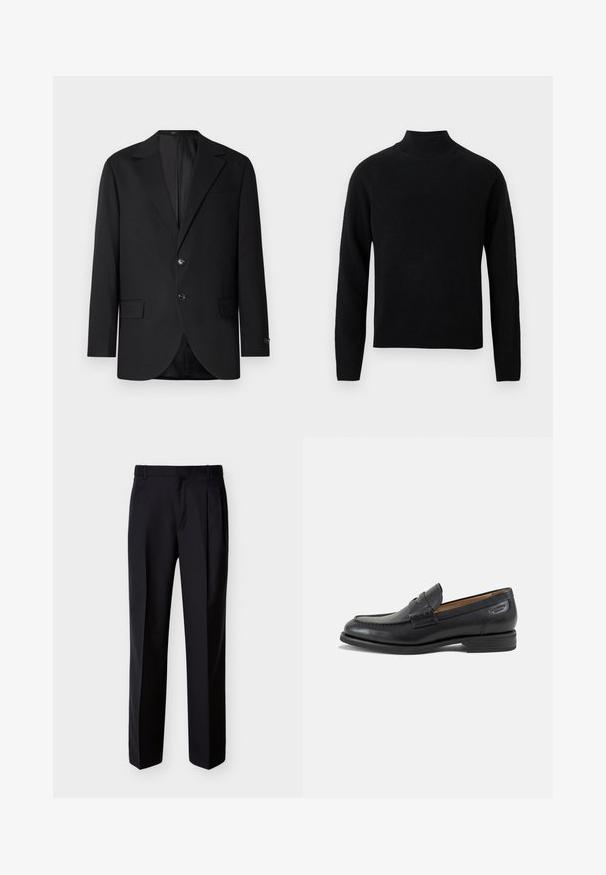 Zwarte blazer met een notch lapel, dubbele knoopsluiting, twee voorzakken en een enkele borstzak. Gladde stof en een getailleerde pasvorm.; Zwarte coltrui met lange mouwen, gemaakt van zacht gebreid materiaal. Voorzien van een geribbelde kraag en zoom voor een aansluitende pasvorm.; Zwarte, op maat gemaakte broek met rechte pasvorm, geplooide voorkant en zijzakken. Gemaakt van een gladde, lichtgewicht stof met een effen patroon.; Zwarte leren herenloafer met gestikte details, lage gestapelde hak en een smalle band over de bovenzijde, zijaanzicht op een witte achtergrond.