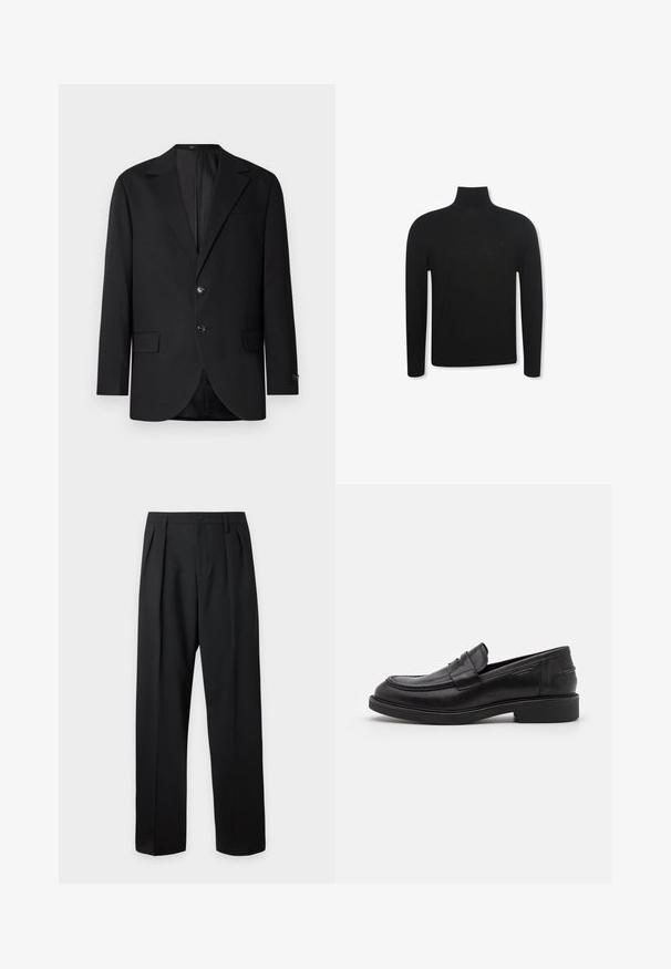 Schwarzer Blazer mit Reverskragen, Doppelknopfverschluss, zwei vorderen Taschen und einer Brusttasche. Glattes Material und taillierte Passform.; Schwarzer Langarm-Rollkragenpullover mit schmaler Passform und dezentem Logo auf der linken Brustseite, dargestellt vor weißem Hintergrund.; Schwarze hoch taillierte maßgeschneiderte Hose mit Gürtelschlaufen, vorderen Falten, Knopfverschluss und geraden, weiten Beinen auf hellem Hintergrund.; Schwarze Lederloafer mit abgerundetem Zeh, farblich abgestimmtem Nähen und einem Riemendetail an der Vorderseite. Gummi-Sohle mit niedrigem Absatz.