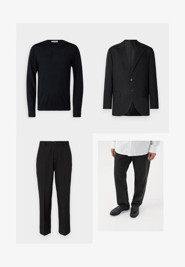Čierny blejzer s výstrihom v tvare klopy, dvojité zapínanie na gombíky, dve predné vrecká a jedno vrecko na hrudi. Hladká tkanina a priliehavý strih.; Čierny sveter s dlhým rukávom a okrúhlym výstrihom, s rebrovanými manžetami a lemom, zobrazený na bielom pozadí.; Čierne nohavice z hladkej tkaniny s rovnými nohavicami, prednými vreckami, jedným gombíkom na zapínanie a bez viditeľných vzorov.; Čierne denimové nohavice v kombinácii s lesklými čiernymi polobotkami. Košeľa je biela s tenkými vertikálnymi pruhmi, má dlhé rukávy a zapínanie na gombíky.