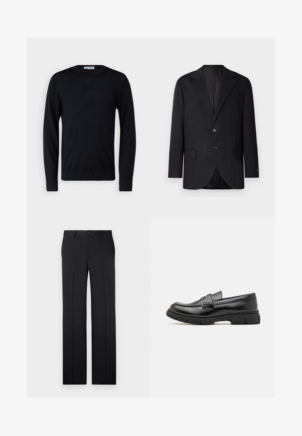 Blazer noir avec un col cranté, fermeture à deux boutons, deux poches avant et une poche poitrine. Tissu lisse et coupe ajustée.; Pull noir à manches longues, col rond, avec poignets et ourlet côtelés, présenté sur fond blanc.; Pantalons noirs ajustés avec une coupe droite, en tissu lisse, avec des plis avant et une fermeture à bouton unique à la taille.; Mocassin en cuir noir avec une large sangle sur le devant, semelle en caoutchouc à épaisse rainure, et texture lisse. Design classique et élégant.