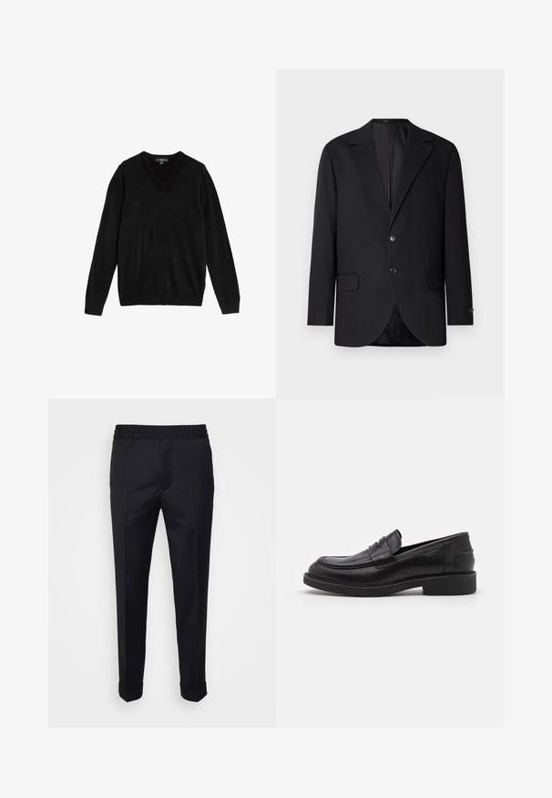 Schwarzer Blazer mit Reverskragen, Doppelknopfverschluss, zwei vorderen Taschen und einer Brusttasche. Glattes Material und taillierte Passform.; Schwarzer V-Ausschnitt-Pullover aus weichem, gestricktem Stoff. Lange Ärmel, gerippte Bündchen und Saum, schlichtes Design ohne Muster oder Akzente.; Schwarze Hosen aus leichtem Stoff, mit einem elastischen Bund, seitlichen Taschen und aufgerollten Säumen. Glatte Textur mit vorderen Falten.; Schwarze Lederloafer mit abgerundetem Zeh, farblich abgestimmtem Nähen und einem Riemendetail an der Vorderseite. Gummi-Sohle mit niedrigem Absatz.