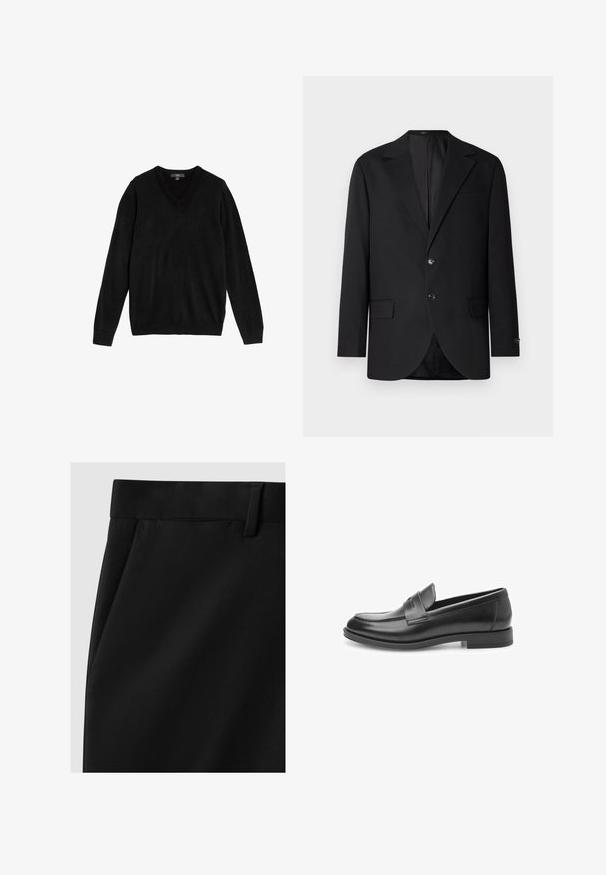 Blazer negro con solapa de muesca, cierre de doble botón, dos bolsillos frontales y un bolsillo en el pecho. Tela suave y corte entallado.; Suéter negro con cuello en V hecho de tejido suave y de punto. Mangas largas, puños y bajo acanalados, diseño sencillo sin patrones ni detalles.; Pantalones negros de corte ajustado con una textura suave, que presentan una cinturilla plana, bolsillos laterales y un diseño de pierna recta.; Mocasines de cuero negro con un acabado suave, punta redondeada y una correa decorativa en la parte frontal. Suela de goma plana, diseño clásico.