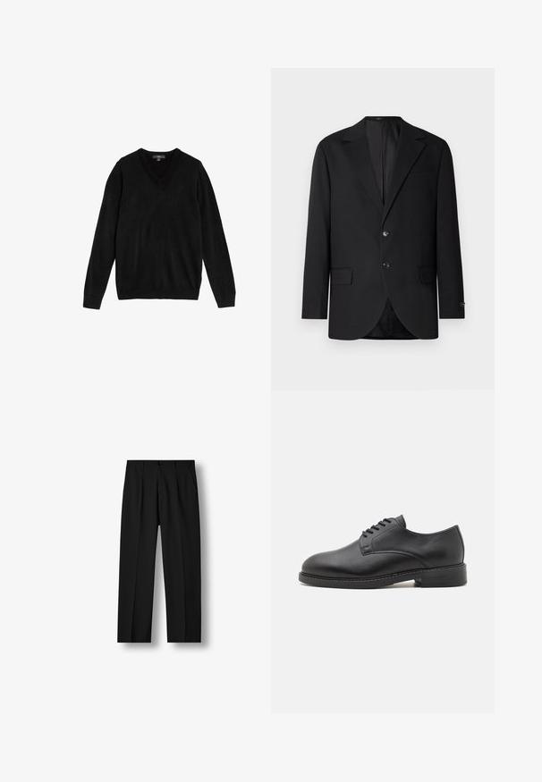 Blazer negro con solapa de muesca, cierre de doble botón, dos bolsillos frontales y un bolsillo en el pecho. Tela suave y corte entallado.; Suéter negro con cuello en V hecho de tejido suave y de punto. Mangas largas, puños y bajo acanalados, diseño sencillo sin patrones ni detalles.; Pantalones negros de pierna recta con pliegues delanteros, cintura con botones y bolsillos laterales sobre fondo blanco liso.; Zapato oxford de cuero negro con punta redonda, que presenta un acabado suave, cierre de cordones con cinco ojales y un tacón bajo apilado.