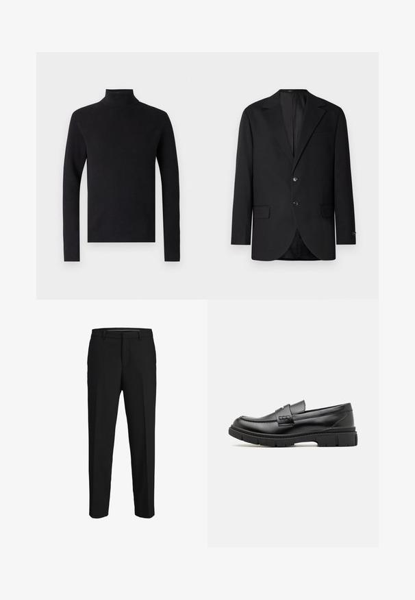 Blazer negro con solapa de muesca, cierre de doble botón, dos bolsillos frontales y un bolsillo en el pecho. Tela suave y corte entallado.; Suéter negro de cuello alto con textura acanalada, mangas largas y Silueta ajustada. Diseño simple sin patrones ni acentos visibles.; Pantalones negros de tela suave, con corte recto, lazos para cinturón y un diseño de frente plano sin patrones ni adornos visibles.; Mocasin de cuero negro con una cinta ancha en el empeine, suela de goma con tacos gruesos y textura suave. Diseño clásico y elegante.