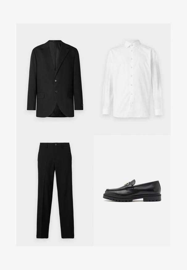 Blazer noir avec un col cranté, fermeture à deux boutons, deux poches avant et une poche poitrine. Tissu lisse et coupe ajustée.; Chemise blanche à manches longues avec boutons, col à l'italienne et poignets boutonnés, présentée sur un fond blanc uni.; Pantalon noir en tissu lisse, avec une coupe droite, une fermeture à bouton à la taille, et sans motifs ni accents visibles.; Mocassins en cuir noir avec une finition lisse, bout rond, une sangle décorative avec des accessoires en or, et une semelle noire robuste.