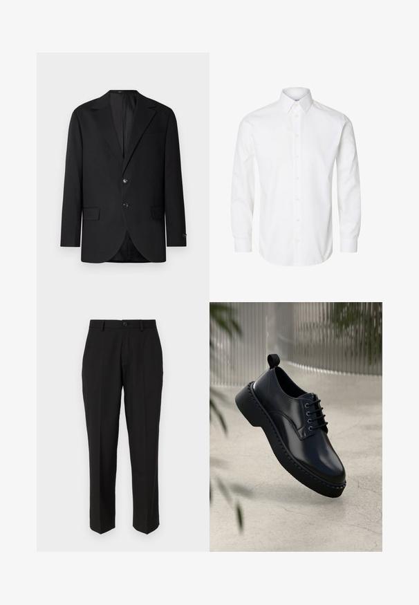 Blazer negro con solapa de muesca, cierre de doble botón, dos bolsillos frontales y un bolsillo en el pecho. Tela suave y corte entallado.; Camisa blanca de manga larga con cuello puntiagudo, botones visibles en la parte delantera y puños abotonados.; Pantalones negros de tela suave, con un diseño de pierna recta, bolsillos delanteros, un cierre de botón y sin patrones visibles.; Zapato de piel negra con punta redondeada, diseño con cordones y suela de goma gruesa con un borde texturizado. Acabado elegante y hardware minimalista.