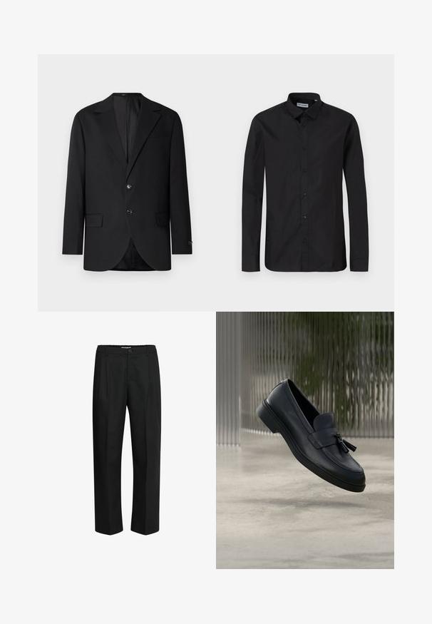 Zwarte blazer met een notch lapel, dubbele knoopsluiting, twee voorzakken en een enkele borstzak. Gladde stof en een getailleerde pasvorm.; Zwarte lange mouwen overhemd met knopen en een klassieke kraag, gemaakt van een gladde stof, met knopen aan de voorkant en een reguliere pasvorm.; Zwarte broek van stof met een gladde textuur, met een recht model, plooien aan de voorkant en een elastische tailleband.; Zwarte leren loafers met een gladde textuur, een afgeronde neus en decoratieve kwastjes aan de voorkant. Flexibele rubberen zool met lage hak.