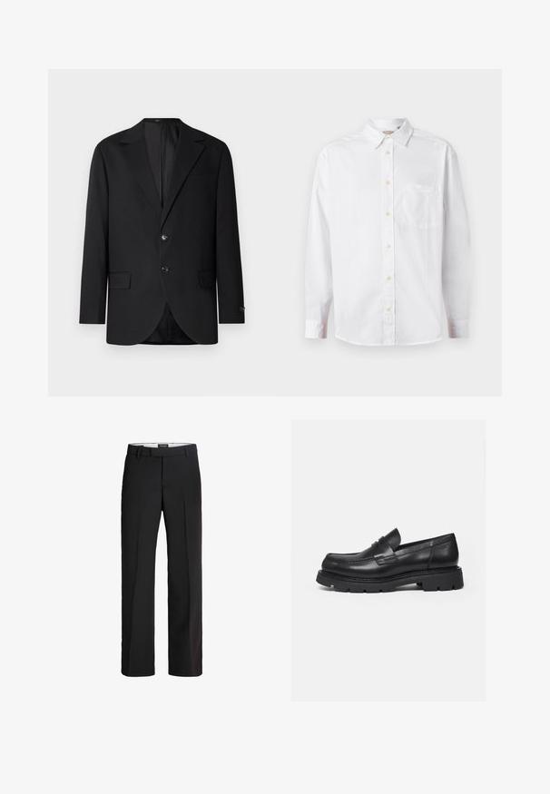Schwarzer Blazer mit Reverskragen, Doppelknopfverschluss, zwei vorderen Taschen und einer Brusttasche. Glattes Material und taillierte Passform.; Weißes Langarmhemd mit Knopfleiste, Kragen und Brusttasche, auf einem schlichten hellen Hintergrund präsentiert.; Schwarze Hosen mit maßgeschneiderter Passform; verfügen über einen flachen Bund, zwei seitliche Taschen und eine glatte Textur; hergestellt aus einem leichten, atmungsaktiven Material.; Schwarzer Lederloafer mit dicker, profilierter Sohle und Pennyriemen-Detail, von der rechten Seitenansicht auf weißem Hintergrund gezeigt.
