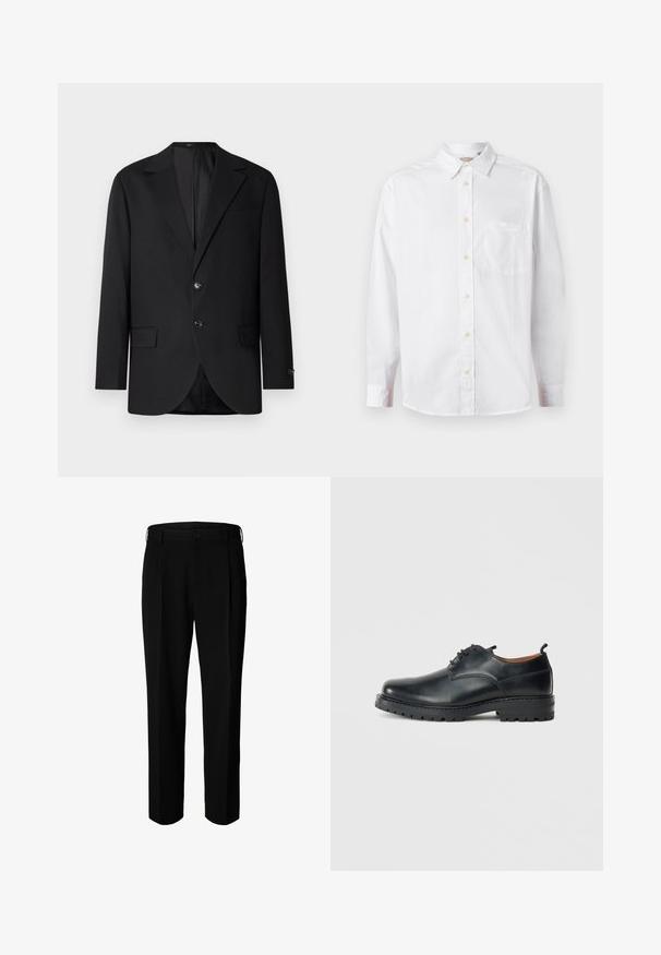 Schwarzer Blazer mit Reverskragen, Doppelknopfverschluss, zwei vorderen Taschen und einer Brusttasche. Glattes Material und taillierte Passform.; Weißes Langarmhemd mit Knopfleiste, Kragen und Brusttasche, auf einem schlichten hellen Hintergrund präsentiert.; Schwarze formelle Hose mit Gürtelschlaufen, Frontknopf und Reißverschluss, vor weißem Hintergrund dargestellt.; Schwarze Leder Derby-Schuhe mit glatter Textur, runder Zehenform, Schnürdesign und einer dicken, robusten Gummisohle.