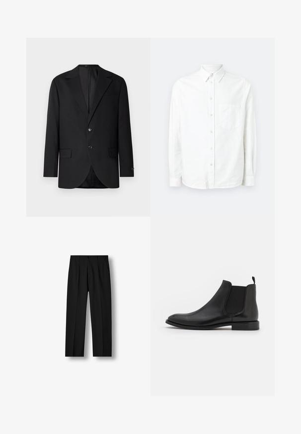 Sort blazer med en notch lapel, dobbel knaplukning, to frontlommer og en enkelt brystlomme. Glat stof og skræddersyet pasform.; Hvid langærmet skjorte med knaplukning lavet af letvægtsstof. Har en frontlomme, klassisk krave og subtil tekstur.; Sorte bukser med lige ben, forreste plisseringer, knaplukning i taljen og sidelommer på hvid baggrund.; Sorte læder Chelsea støvle med elastiske sidepaneler, en rund tå og en lav hæl. Glat tekstur med et minimalistisk design.