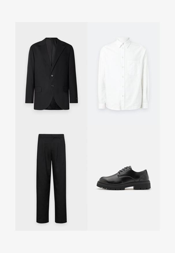Black blazer with a notch lapel, dual button closure, two front pockets, and a single chest pocket. Smooth fabric and tailored fit.; White long-sleeve button-up shirt made of lightweight fabric. Features a front pocket, classic collar, and subtle texture.; Black trousers made of smooth fabric, featuring a straight-leg design, two front pleats, and standard waistband with belt loops.; Black leather shoes with a rounded toe, lace-up design, and a thick, textured rubber sole. Features stitching along the edge and a smooth finish.