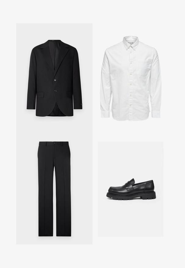 Schwarzer Blazer mit Reverskragen, Doppelknopfverschluss, zwei vorderen Taschen und einer Brusttasche. Glattes Material und taillierte Passform.; Weißes langärmliges Hemd mit Knöpfen, Kragen und Brusttasche, innen am Kragen mit "Selected Homme" beschriftet.; Schwarze, maßgeschneiderte Hose mit geradem Bein, glattem Stoff, vorderen Falten und einem einzelnen Knopfverschluss an der Taille.; Schwarzer Lederloafer mit dicker, profilierter Sohle und Pennyriemen-Detail, von der rechten Seitenansicht auf weißem Hintergrund gezeigt.