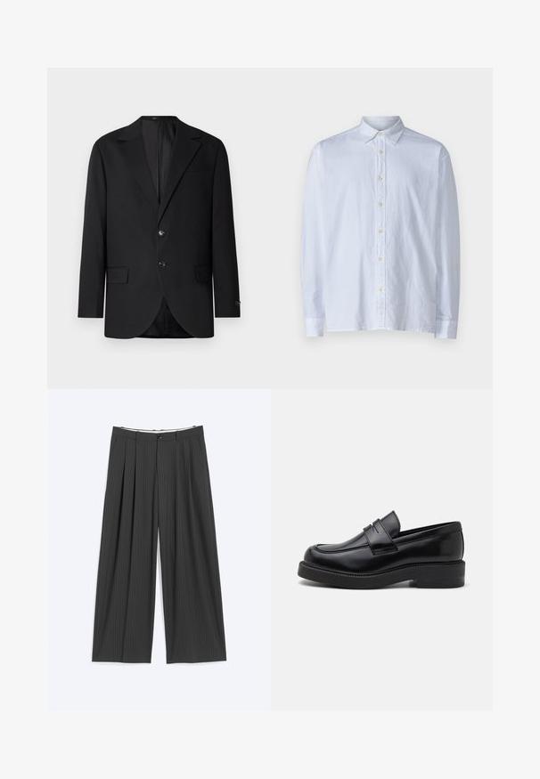 Blazer noir avec un col cranté, fermeture à deux boutons, deux poches avant et une poche poitrine. Tissu lisse et coupe ajustée.; Chemise blanche à boutons en tissu léger, avec un col pointu, des manches longues et une rangée de boutons jaunes sur le devant.; Pantalon gris foncé à jambes larges avec des fines rayures, plis à l’avant, passants de ceinture et fermeture par bouton, posé à plat sur un fond clair.; Mocassin en cuir noir avec un bout arrondi, des coutures décoratives à l'avant et une semelle en caoutchouc épaisse. Texture lisse avec une finition brillante.