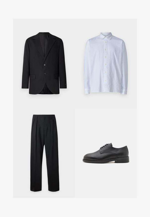 Zwarte blazer met een notch lapel, dubbele knoopsluiting, twee voorzakken en een enkele borstzak. Gladde stof en een getailleerde pasvorm.; Witte button-up shirt van lichtgewicht stof, met een puntige kraag, lange mouwen en een rij gele knopen aan de voorkant.; Zwarte, hoog getailleerde, op maat gemaakte broek met riemlussen, voorplooien, knoopsluiting en rechte, wijde pijpen op een lichte achtergrond.; Zwarte lederen oxford schoen met een ronde neus, voorzien van een gladde afwerking, vijf-oog veter sluiting en een lage gestapelde hak.