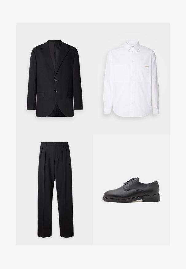 Schwarzer Blazer mit Reverskragen, Doppelknopfverschluss, zwei vorderen Taschen und einer Brusttasche. Glattes Material und taillierte Passform.; Weißes Langarm-Hemd mit Knöpfen aus Baumwolle. Es hat zwei Brusttaschen, einen abgerundeten Saum und ein kleines goldenes Logo auf der linken Tasche.; Schwarze formelle Hose mit Bundfalten, Gürtelschlaufen und Knopfverschluss in der Taille, vor einem einfarbigen hellen Hintergrund dargestellt.; Schwarze Leder-Oxfordschuhe mit runder Zehenform, glatter Oberfläche, fünf Ösen für die Schnürung und niedrigem, gestapeltem Absatz.