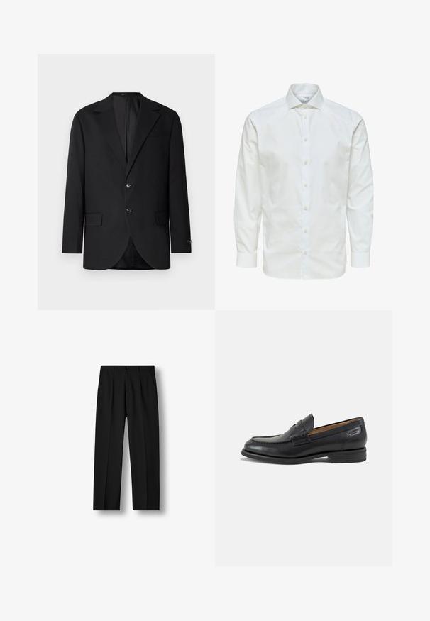 Zwarte blazer met een notch lapel, dubbele knoopsluiting, twee voorzakken en een enkele borstzak. Gladde stof en een getailleerde pasvorm.; Wit overhemd met lange mouwen, knoopsluiting aan de voorkant en puntige kraag, afgebeeld tegen een witte achtergrond.; Zwarte rechte broek met voorplooien, knoopsluiting in de taille en zijzakken op een effen witte achtergrond.; Zwarte leren herenloafer met gestikte details, lage gestapelde hak en een smalle band over de bovenzijde, zijaanzicht op een witte achtergrond.