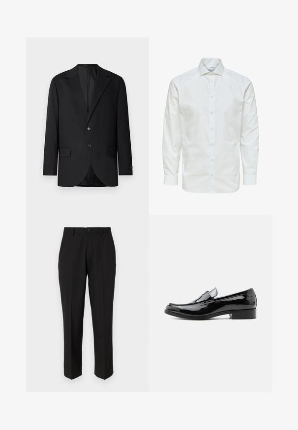 Blazer negro con solapa de muesca, cierre de doble botón, dos bolsillos frontales y un bolsillo en el pecho. Tela suave y corte entallado.; Camisa blanca de vestir de manga larga con botones en la parte delantera y cuello puntiagudo, mostrada sobre un fondo blanco.; Pantalones negros de tela suave, con un diseño de pierna recta, bolsillos delanteros, un cierre de botón y sin patrones visibles.; Zapato tipo mocasín para hombre de charol negro con tacón bajo, punta redondeada y detalle de correa sobre el empeine, sobre fondo blanco.