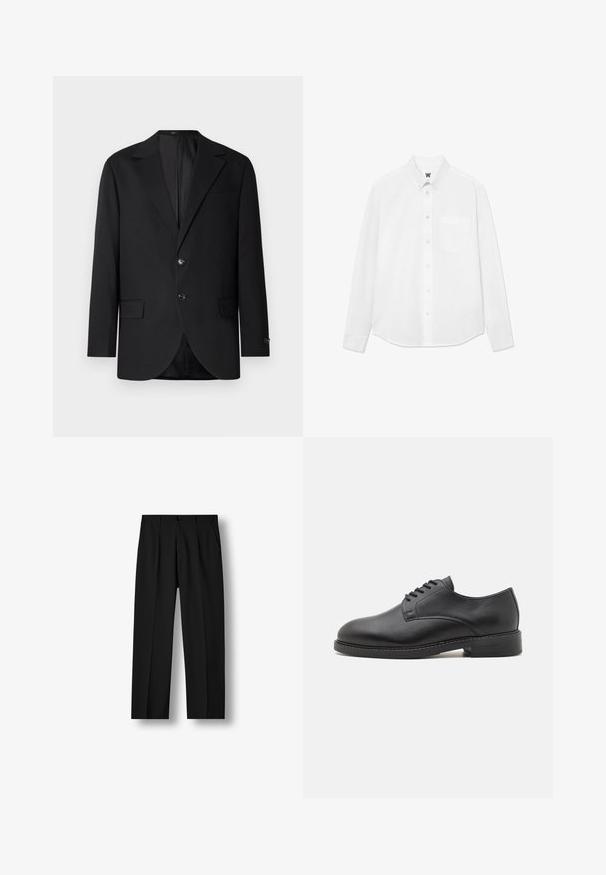 Zwarte blazer met een notch lapel, dubbele knoopsluiting, twee voorzakken en een enkele borstzak. Gladde stof en een getailleerde pasvorm.; Witte lange mouwen blouse met knopen en een kraag, voorzak en subtiele textuur. De voorkant heeft knopen en een klein logo-detail.; Zwarte rechte broek met voorplooien, knoopsluiting in de taille en zijzakken op een effen witte achtergrond.; Zwarte lederen oxford schoen met een ronde neus, voorzien van een gladde afwerking, vijf-oog veter sluiting en een lage gestapelde hak.
