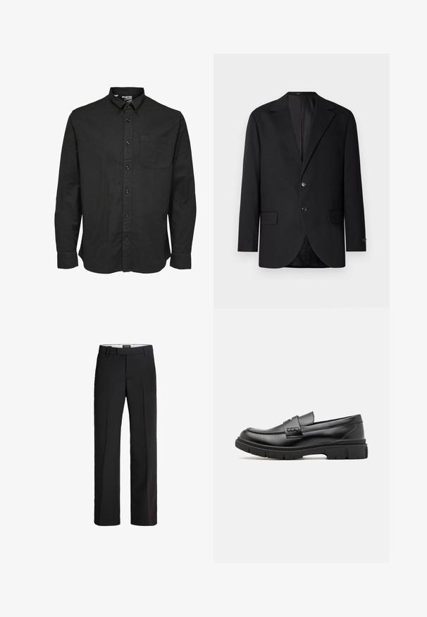 Sort blazer med en notch lapel, dobbel knaplukning, to frontlommer og en enkelt brystlomme. Glat stof og skræddersyet pasform.; Sort langærmet skjorte med knapper i bomuldsstof, med standard krave, brystlomme og matchende sorte knapper.; Sorte bukser med skræddersyet pasform; har en glat front, to sidelommer og en glat tekstur; lavet af et let, åndbart materiale.; Sort læder loafersko med en bred rem over forfoden, gummisål med tykke mønstre og glat overflade. Klassisk, slankt design.
