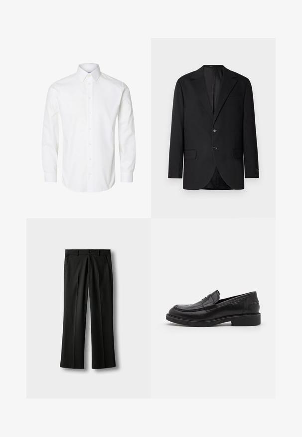 Schwarzer Blazer mit Reverskragen, Doppelknopfverschluss, zwei vorderen Taschen und einer Brusttasche. Glattes Material und taillierte Passform.; Weißes langärmeliges Hemd mit spitzem Kragen, sichtbaren Knöpfen auf der Vorderseite und geknöpften Manschetten.; Schwarze, maßgeschneiderte Anzughose mit Gürtelschlaufen, vorderem Knopf- und Reißverschluss, Seitentaschen und Bügelfalten entlang der Beine vor hellem Hintergrund.; Schwarze Lederloafer mit abgerundetem Zeh, farblich abgestimmtem Nähen und einem Riemendetail an der Vorderseite. Gummi-Sohle mit niedrigem Absatz.