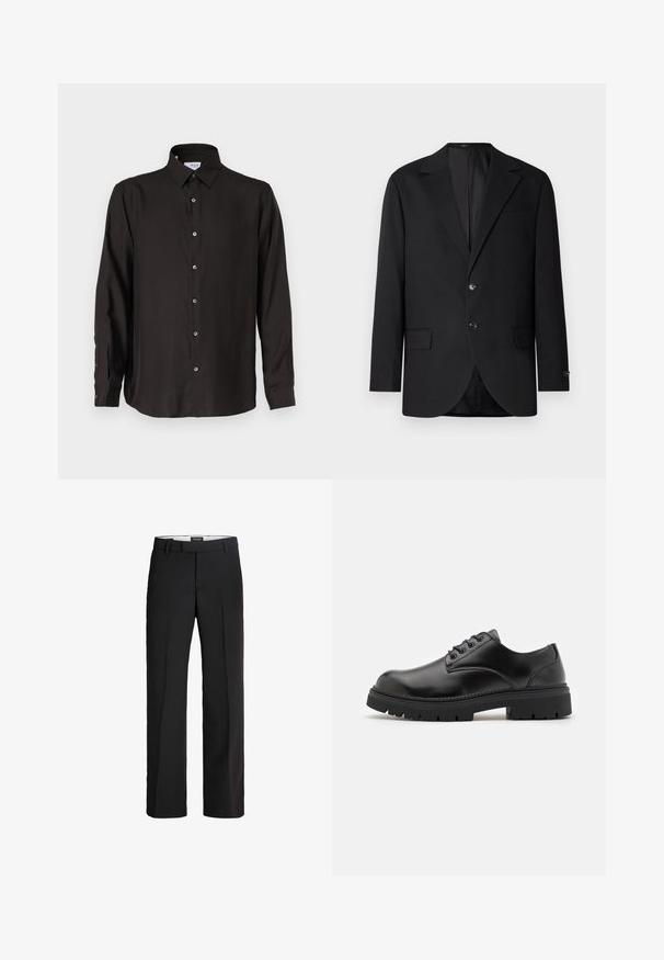 Čierny blejzer s výstrihom v tvare klopy, dvojité zapínanie na gombíky, dve predné vrecká a jedno vrecko na hrudi. Hladká tkanina a priliehavý strih.; Čierna košeľa s dlhým rukávom zo hladkej látky, so zapínaním na gombíky, špicatým golierom a zaobleným lemom s kontrastnými gombíkmi.; Čierne nohavice s prispôsobeným strihom; majú plochý predný diel, dve bočné vrecká a jemnú textúru; vyrobené z ľahkého, priedušného materiálu.; Čierne kožené topánky s okrúhlou špičkou, šnurovací dizajn a hrubou, textúrovanou gumovou podrážkou. Má šitie pozdĺž okraja a hladký povrch.