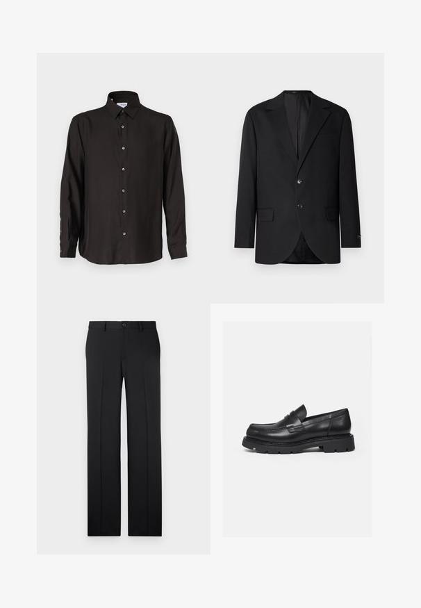 Schwarzer Blazer mit Reverskragen, Doppelknopfverschluss, zwei vorderen Taschen und einer Brusttasche. Glattes Material und taillierte Passform.; Schwarzes Langarmhemd aus glattem Stoff, mit durchgehender Knopfleiste, spitzem Kragen und abgerundetem Saum mit kontrastierenden Knöpfen.; Schwarze, maßgeschneiderte Hose mit geradem Bein, glattem Stoff, vorderen Falten und einem einzelnen Knopfverschluss an der Taille.; Schwarzer Lederloafer mit dicker, profilierter Sohle und Pennyriemen-Detail, von der rechten Seitenansicht auf weißem Hintergrund gezeigt.
