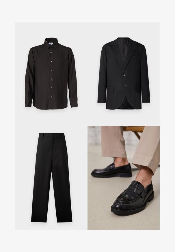Sort blazer med en notch lapel, dobbel knaplukning, to frontlommer og en enkelt brystlomme. Glat stof og skræddersyet pasform.; Sort langærmet skjorte lavet af glat stof, med knaplukning foran, spidse krave og afrundet kant med kontrasterende knapper.; Sorte bukser lavet af bomuld med lige ben-design, der har en frontknaplukning og sidelommer. Glat tekstur, ingen mønstre.; Sorte lædermokkasiner med en glat overflade, der har en dekorativ rem og kontraststing, parret med beige bukser.