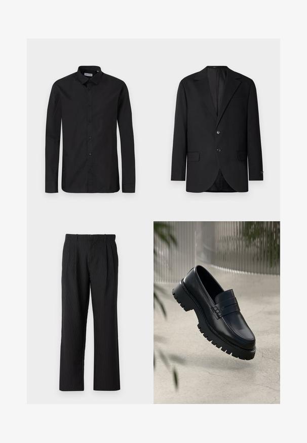 Sort blazer med en notch lapel, dobbel knaplukning, to frontlommer og en enkelt brystlomme. Glat stof og skræddersyet pasform.; Sorte langærmede skjorte med klassisk krave, lavet af glat stof, med frontknapper og en almindelig pasform.; Jack & Jones Classic Wide Leg Fit - Bukser - black; Sorte læder loafers med en chunky sål, der har en dekorativ rem og syninger. Glat tekstur med en poleret overflade.