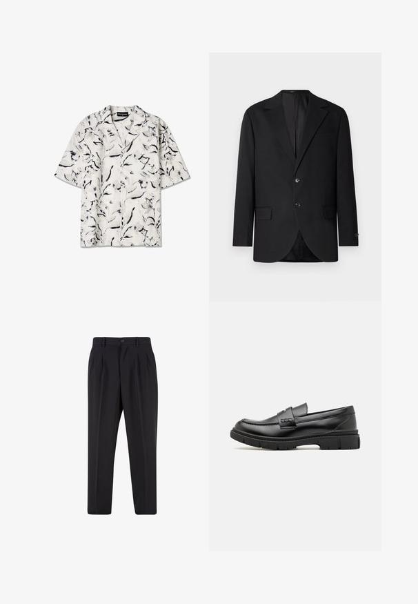 Blazer negro con solapa de muesca, cierre de doble botón, dos bolsillos frontales y un bolsillo en el pecho. Tela suave y corte entallado.; Camisa de manga corta y cuello abierto con una base blanca y patrones florales en negro y gris. Tejido ligero con detalles de botones.; Pantalones negros a medida con pliegues delanteros, trabillas para cinturón y cierre con botón en la cintura.; Mocasin de cuero negro con una cinta ancha en el empeine, suela de goma con tacos gruesos y textura suave. Diseño clásico y elegante.