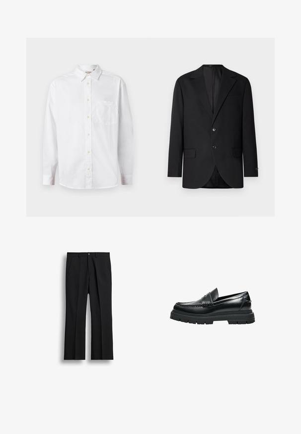 Sort blazer med en notch lapel, dobbel knaplukning, to frontlommer og en enkelt brystlomme. Glat stof og skræddersyet pasform.; Hvid langærmet skjorte med knapper, krave og brystlomme, vist på en ensfarvet lys baggrund.; Sorte straight-leg bukser med frontknap, lynlås, bæltestropper og sidelommer på ens hvid baggrund.; Sort læder-loafer med tyk rillede sål og penny remdetaljer, vist fra siden på hvid baggrund.