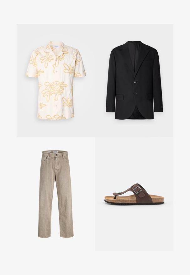 Sort blazer med en notch lapel, dobbel knaplukning, to frontlommer og en enkelt brystlomme. Glat stof og skræddersyet pasform.; Kortærmet skjorte med et cremet stof og gul blomsterbroderi, knaplukning foran og klassisk kravedesign.; Lyse beige bukser med bred benvidde præsenteret mod en ensfarvet hvid baggrund, med forlommer og knaplukning i livet.; Brune suedette flip-flop sandal med tåpost, justerbar strop med sølvspænde, korkfod seng og struktureret sort gummisål.