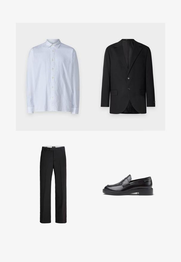Zwarte blazer met een notch lapel, dubbele knoopsluiting, twee voorzakken en een enkele borstzak. Gladde stof en een getailleerde pasvorm.; Witte button-up shirt van lichtgewicht stof, met een puntige kraag, lange mouwen en een rij gele knopen aan de voorkant.; Zwarte broek met een verfijnde pasvorm; heeft een platte voorkant, twee zijzakken en een gladde textuur; gemaakt van een lichtgewicht, ademend materiaal.; Zwarte leren loafer met een lage ribbelhiel, ronde neus, decoratieve gestikte accenten en een voorste banddetail. Gladde textuur.