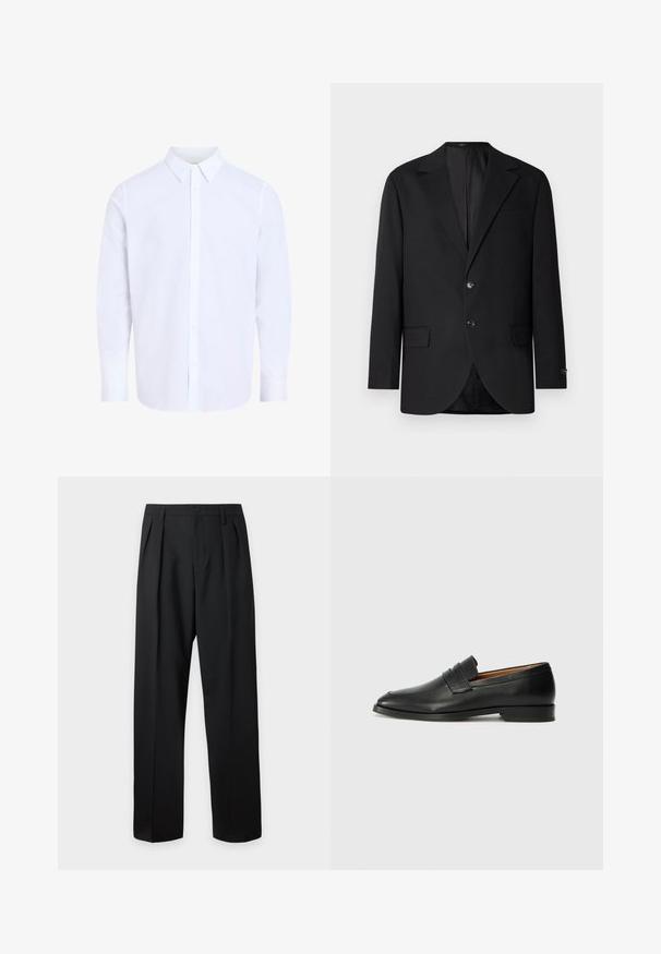 Schwarzer Blazer mit Reverskragen, Doppelknopfverschluss, zwei vorderen Taschen und einer Brusttasche. Glattes Material und taillierte Passform.; Weißes Hemd mit langen Ärmeln und klassischem Kragen, aus glattem Stoff gefertigt, mit durchgehendem Knopfleistenverschluss und abgerundetem Saum.; Schwarze hoch taillierte maßgeschneiderte Hose mit Gürtelschlaufen, vorderen Falten, Knopfverschluss und geraden, weiten Beinen auf hellem Hintergrund.; Schwarze Leder-Slipper mit runder Zehenform, dezenten gestickten Details und niedrigem Absatz, ausgestattet mit glatter Textur und minimalistischem Design.