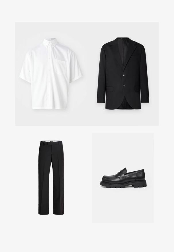 Blazer noir avec un col cranté, fermeture à deux boutons, deux poches avant et une poche poitrine. Tissu lisse et coupe ajustée.; Chemise blanche à manches courtes en tissu lisse, avec un col boutonné et une poche avant sur le côté gauche.; Pantalon noir avec une coupe ajustée ; présente un devant lisse, deux poches latérales et une texture douce ; fabriqué à partir d'un matériau léger et respirant.; Mocassin en cuir noir avec semelle épaisse crantée et détail de bride penny, présenté en profil droit sur fond blanc.