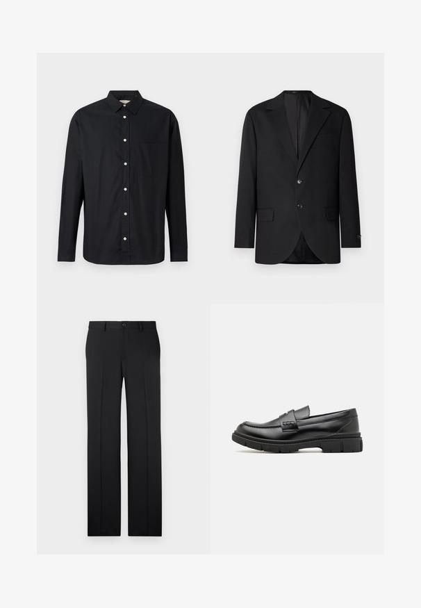 Schwarzer Blazer mit Reverskragen, Doppelknopfverschluss, zwei vorderen Taschen und einer Brusttasche. Glattes Material und taillierte Passform.; Schwarzes Langarm-Hemd mit Knöpfen, Kragen und Brusttasche, auf einem hellen Hintergrund präsentiert.; Schwarze, maßgeschneiderte Hose mit geradem Bein, glattem Stoff, vorderen Falten und einem einzelnen Knopfverschluss an der Taille.; Schwarze Lederloafer mit einem breiten Riemen über dem Rist, Gummisohle mit dicken Profilen und glatter Textur. Klassisches, schlankes Design.