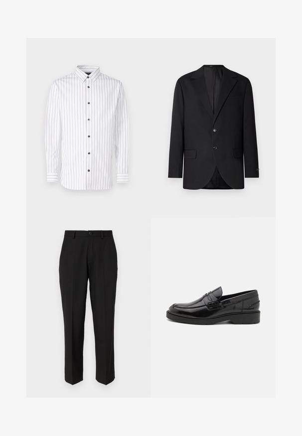 Blazer noir avec un col cranté, fermeture à deux boutons, deux poches avant et une poche poitrine. Tissu lisse et coupe ajustée.; Chemise blanche à manches longues avec des rayures verticales étroites en rouge et bleu, à boutons, col pointu et boutons noirs.; Pantalon noir en tissu lisse, présentant une coupe droite, des poches avant, un bouton simple de fermeture et sans motifs visibles.; Mocassins en cuir noir avec une finition lisse, un bout rond, un petit talon et descoutures décoratives à l'avant. Semelle en caoutchouc pour l'adhérence.