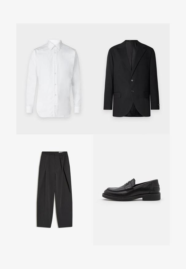 Sort blazer med en notch lapel, dobbel knaplukning, to frontlommer og en enkelt brystlomme. Glat stof og skræddersyet pasform.; Hvid skjorte med lange ærmer, lavet af glat bomuldsstof, med en klassisk krave og subtil glans. Fem knapper foran.; Sorte sorte bukser med høj talje, skræddersyede med læg, bæltestropper og lige ben, vist fladt på en hvid baggrund.; Sorte læder loafers med en rund tå, tonale syninger og en stropdetalje foran. Gummisål med en lav hæl.