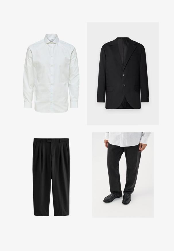 Sort blazer med en notch lapel, dobbel knaplukning, to frontlommer og en enkelt brystlomme. Glat stof og skræddersyet pasform.; Hvid skjorte med lange ærmer med knaplukning foran og spids krave, vist mod en hvid baggrund.; Sorte skræddersyede ankellange bukser med læg, sidelommer og en linning med bæltestropper, vist på en hvid baggrund.; Sorte denimbukser parret med skinnende sorte loafers. Skjorten er hvid med tynde lodrette striber, har lange ærmer og en knapkrave.